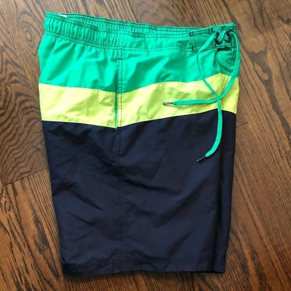 SPEEDO Mens Rugby Stripe Green Navy Blue Yellow Swim Trunks With Lining Sz Med. - Picture 4 of 6